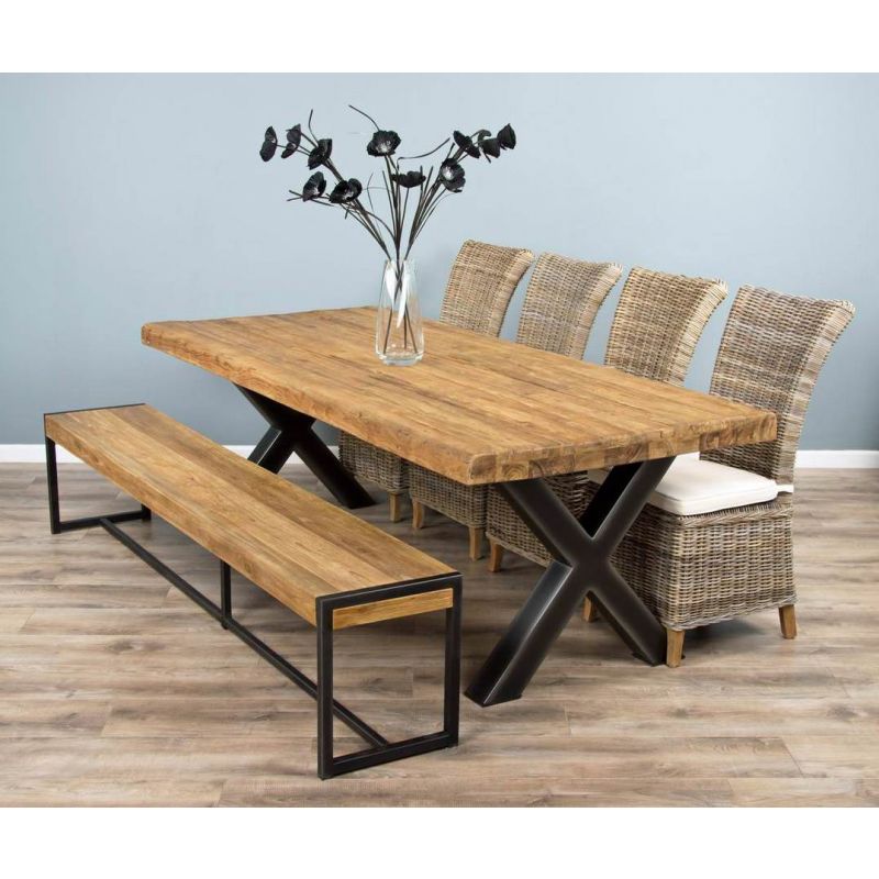 2.4m Reclaimed Teak Urban Fusion Cross Dining Table with One Backless Bench and Four or Six Latifa Dining Chairs 