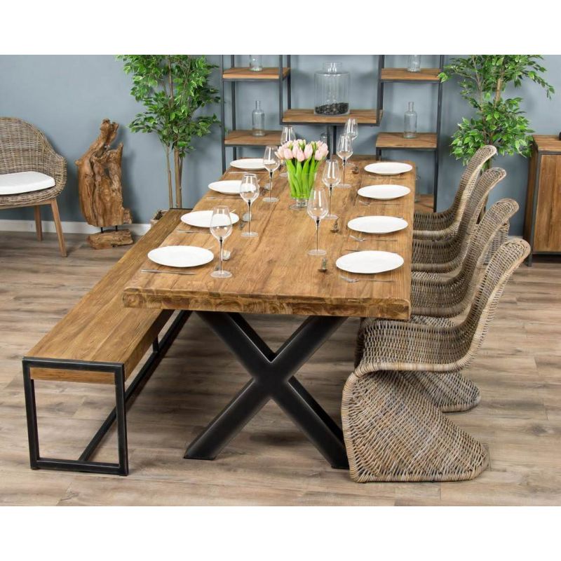 2.4m Reclaimed Teak Urban Fusion Cross Dining Table with One Backless Bench and 4 or 6 Stackable Zorro Chairs