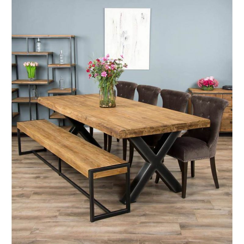 2.4m Reclaimed Teak Urban Fusion Cross Dining Table with One Backless Bench and 4 Velveteen Ring Back Dining Chairs