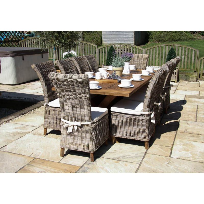 2.4m Reclaimed Teak Outdoor Open Slatted Cross Leg Table with 10 Latifa Chairs