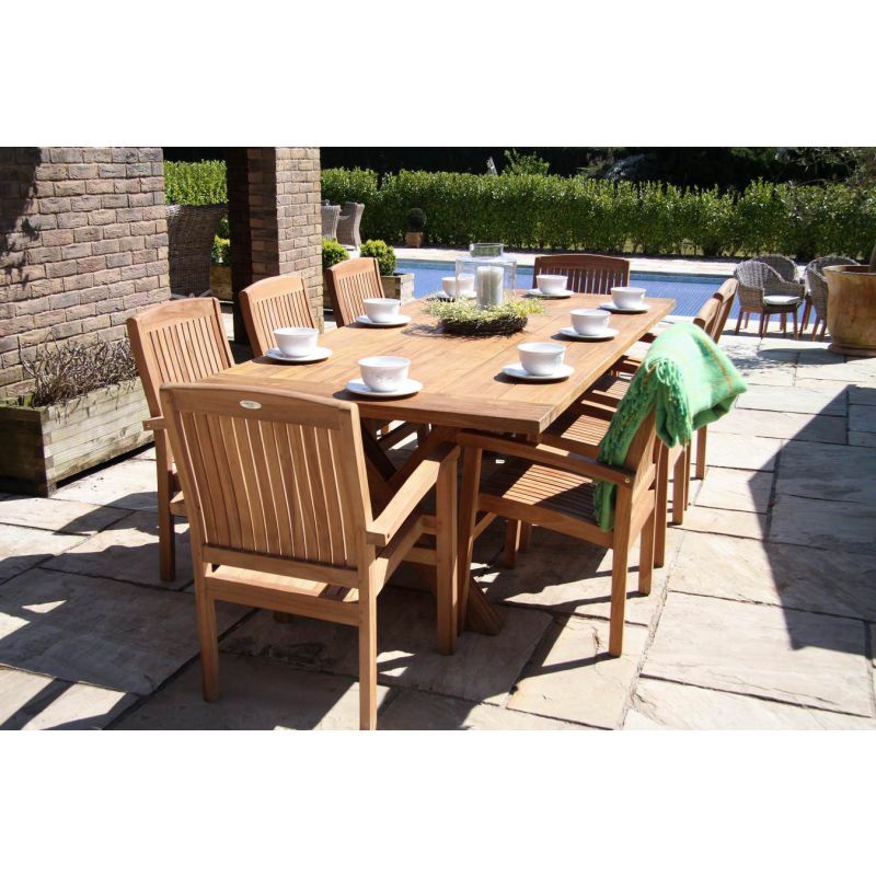 2.4m Reclaimed Teak Outdoor Open Slatted Cross Leg Table with 8 Marley Armchairs