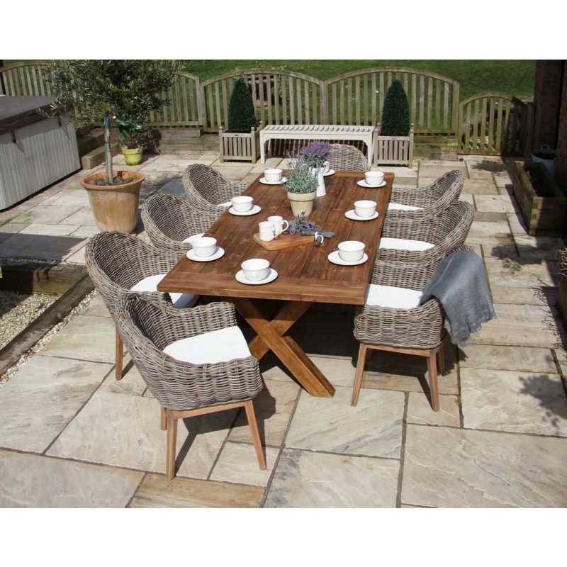 2.4m Reclaimed Teak Outdoor Open Slatted Cross Leg Table with 8 Scandi Armchairs