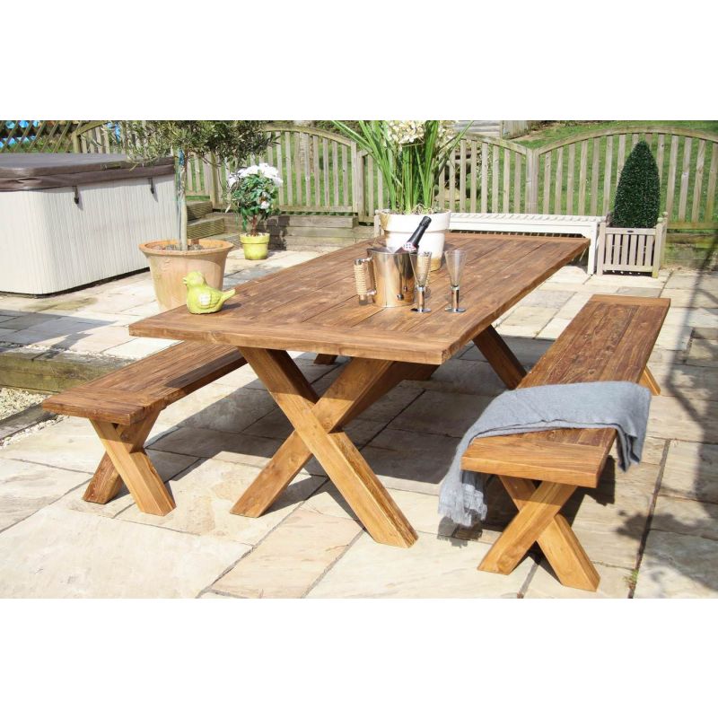2.4m Reclaimed Teak Outdoor Open Slatted Cross Leg Table with 2 Backless Benches