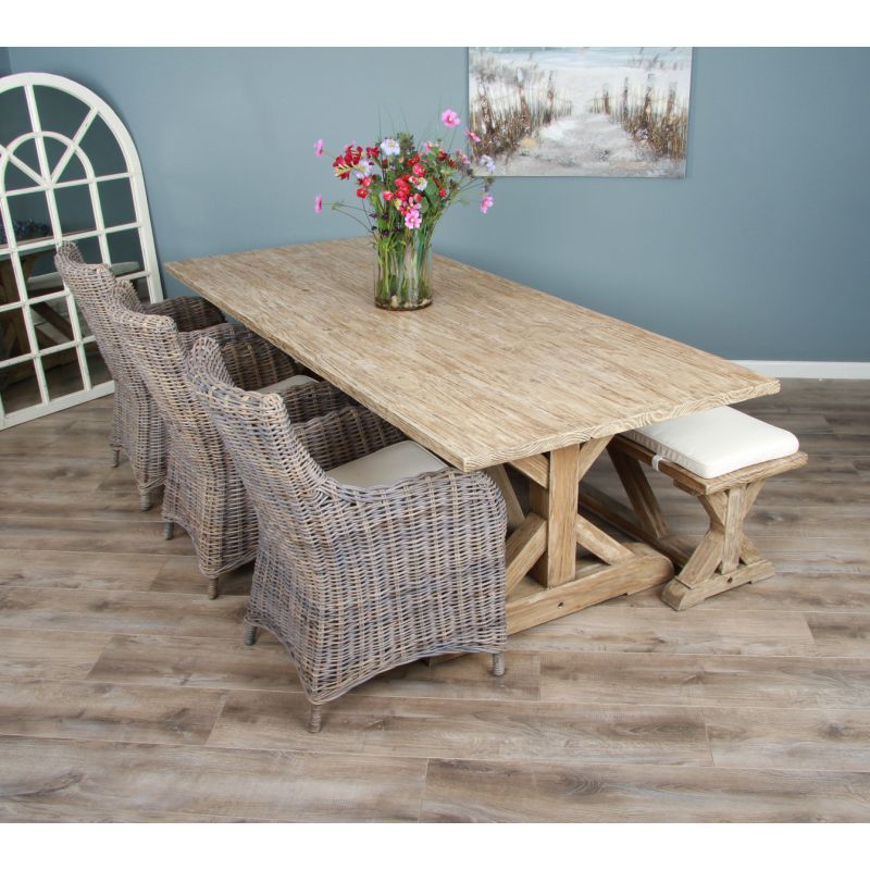 2.4m Farmhouse Cross Dining Table with 3 Donna Armchairs & 1 Backless Bench