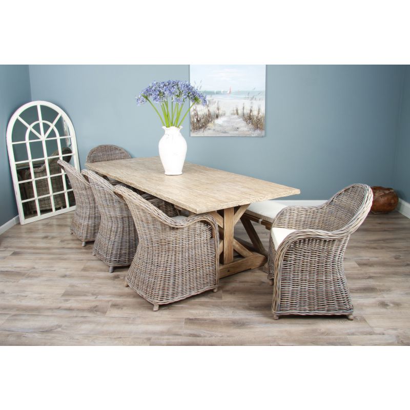 2.4m Farmhouse Cross Dining Table with 5 Riviera Armchairs & 1 Backless Bench