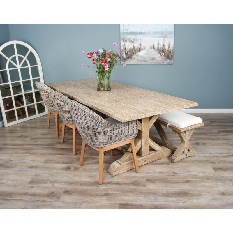 2.4m Farmhouse Cross Dining Table with 3 Scandi Armchairs & 1 Backless Bench