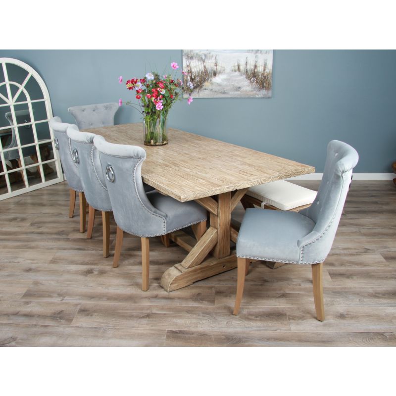2.4m Farmhouse Cross Dining Table with 5 Windsor Ring Back Chairs & 1 Backless Bench