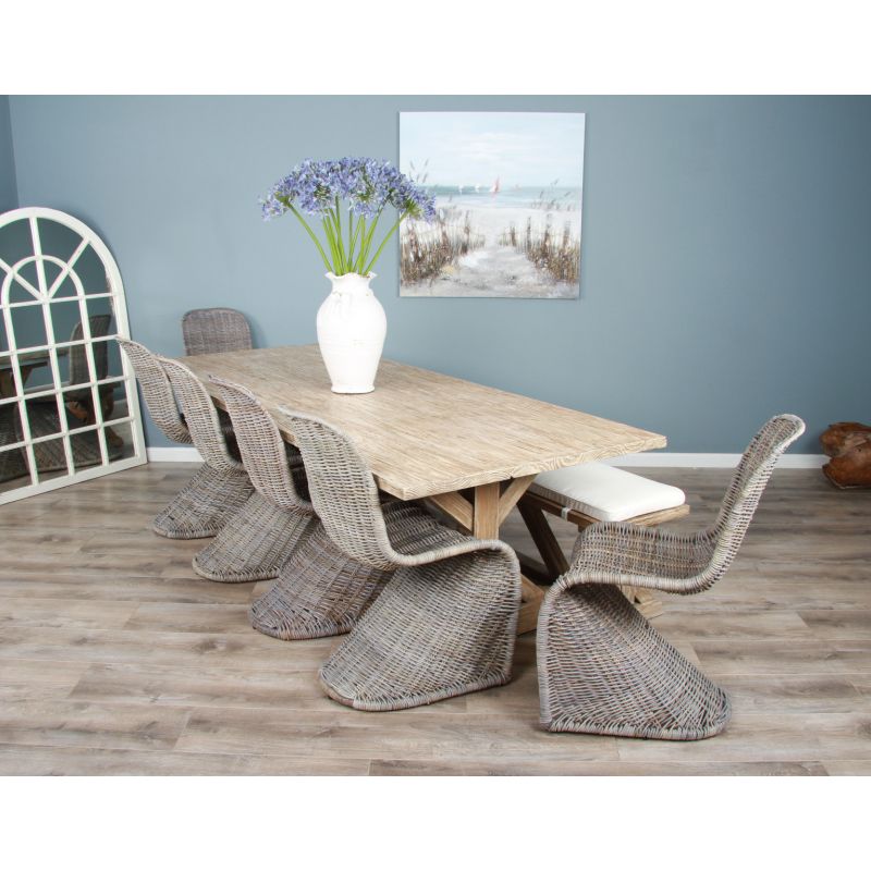 2.4m Farmhouse Cross Dining Table with 6 Stackable Zorro Chairs & 1 Backless Bench