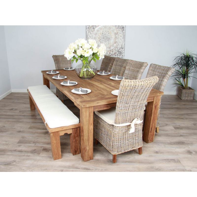 2.4m Reclaimed Teak Taplock Dining Table with 6 Latifa Chairs & 1 Backless Bench