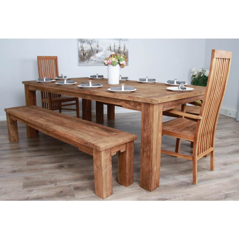 2.4m Reclaimed Teak Taplock Dining Table with 2 Backless Benches & 2 Vikka Armchairs