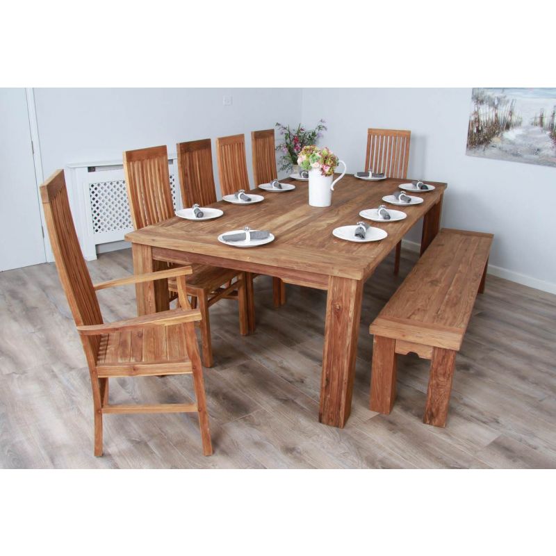 2.4m Reclaimed Teak Taplock Dining Table with 4 Vikka Chairs, 2 Vikka Armchairs & 1 Backless Bench