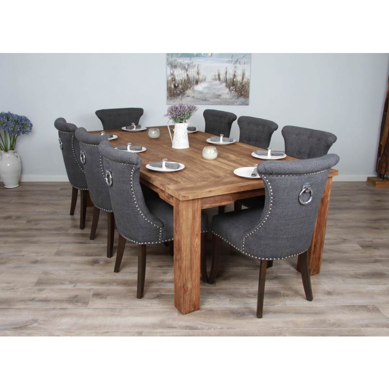 2.4m Reclaimed Teak Taplock Dining Table with 8 Grey Windsor Dining Chairs