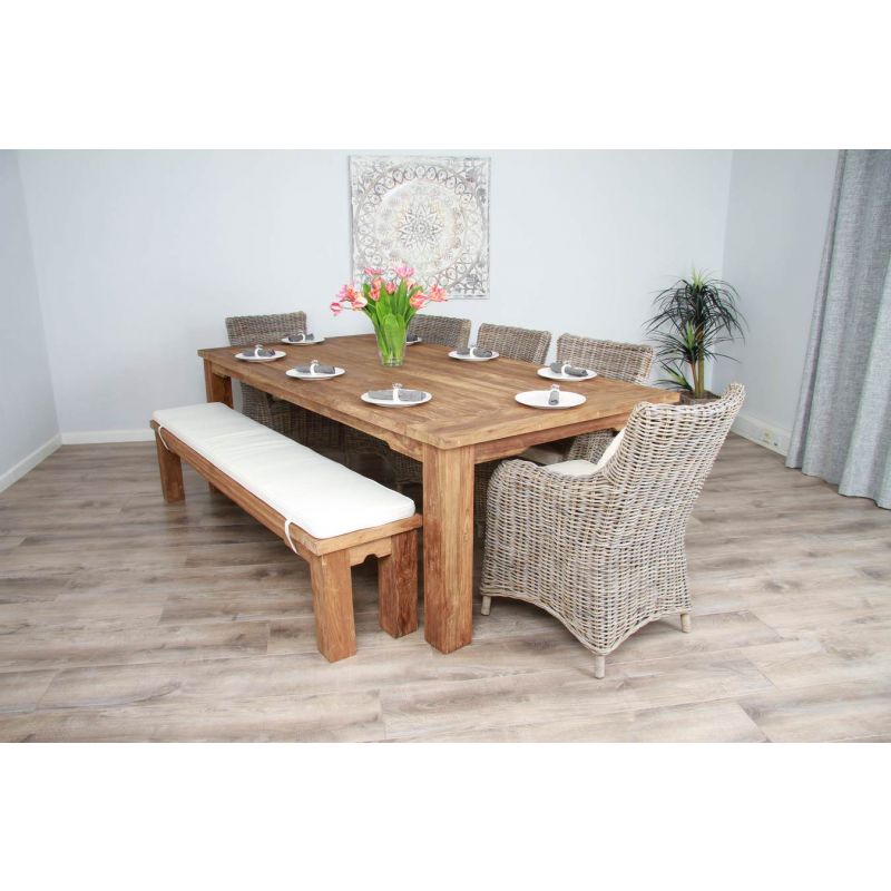 2.4m Reclaimed Teak Taplock Dining Table with 5 Donna Chairs & 1 Backless Bench