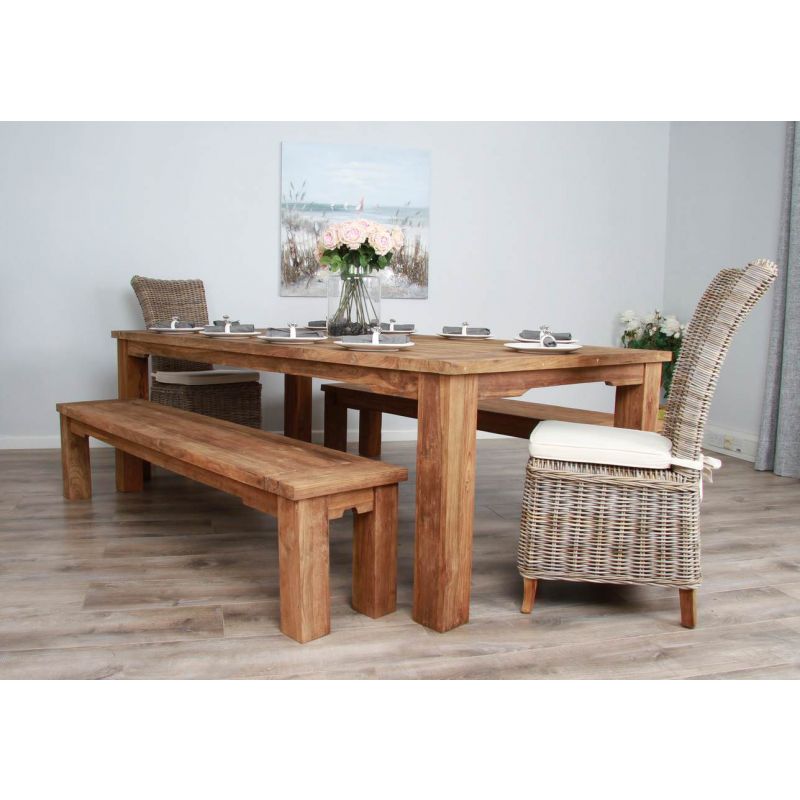2.4m Reclaimed Teak Taplock Dining Table with 2 Backless Benches & 2 Latifa Chairs