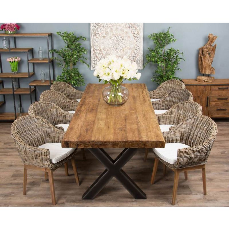 3m Reclaimed Teak Urban Fusion Cross Dining Table with 8 Scandi Armchairs
