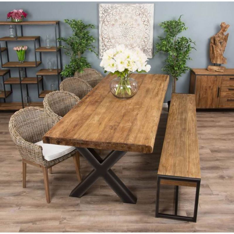 3m Reclaimed Teak Urban Fusion Cross Dining Table with 1 Backless Bench & 4 Scandi Armchairs
