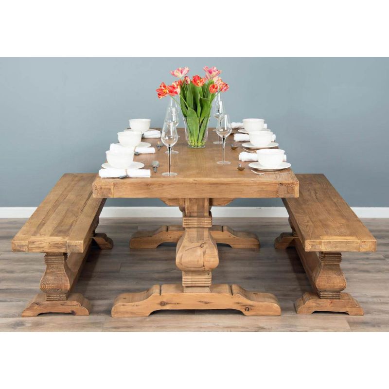 2m Reclaimed Elm Pedestal Dining Table with 2 Backless Benches