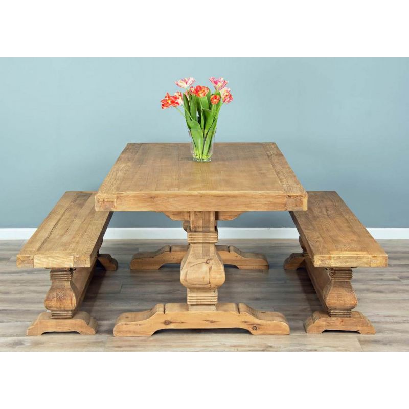 2m Reclaimed Elm Pedestal Dining Table with 2 Backless Benches