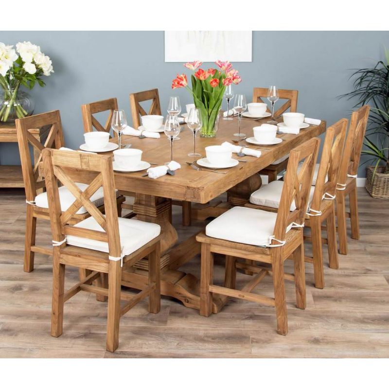 2m Reclaimed Elm Pedestal Dining Table with 8 Elm Crossback Chairs
