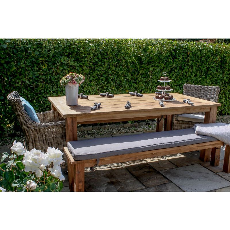 2m Reclaimed Teak Outdoor Open Slatted Table with 2 Backless Benches & 2 Donna Armchairs