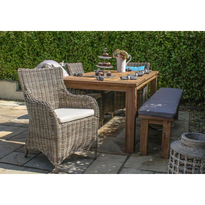 2m Reclaimed Teak Outdoor Open Slatted Table with 1 Backless Bench & 4 Donna Armchairs