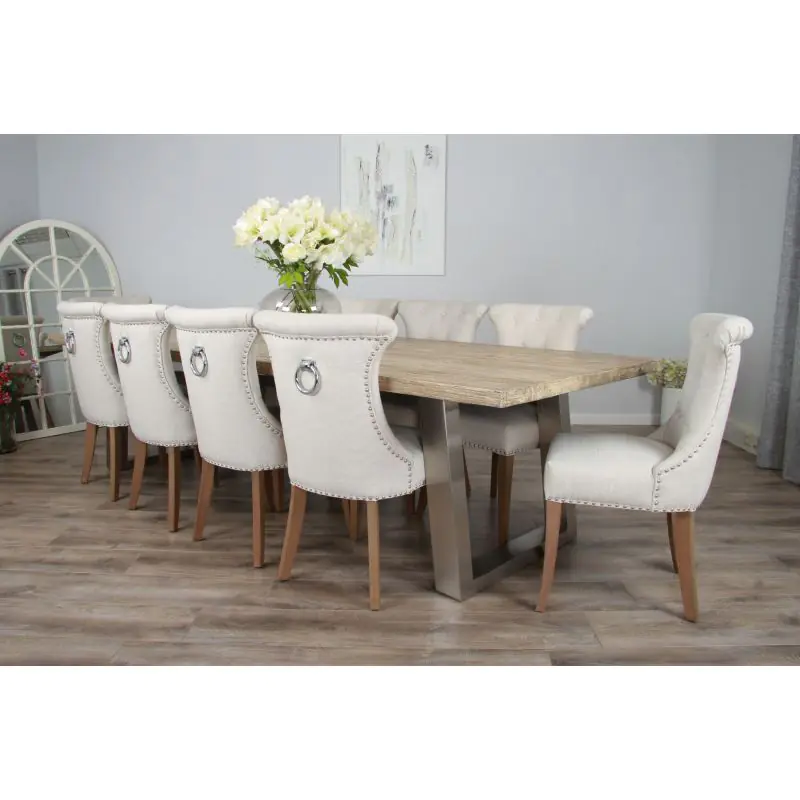 3m Industrial Chic Cubex Dining Table with Stainless Steel Legs & 10 Windsor Ring Back Chairs