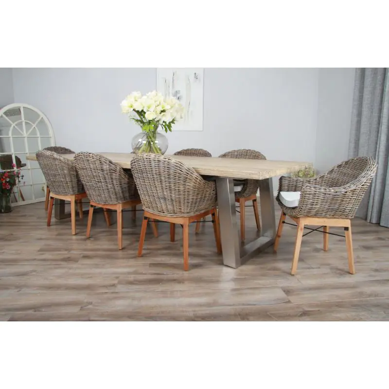 3m Industrial Chic Cubex Dining Table with Stainless Steel Legs & 8 Scandi Armchairs