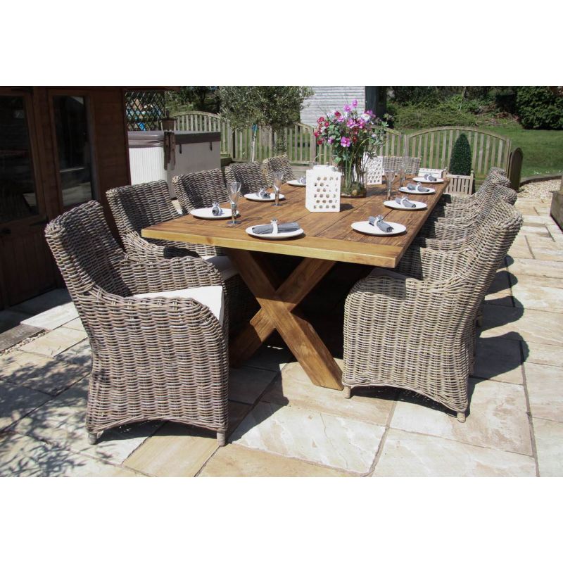 3m Reclaimed Teak Outdoor Open Slatted Cross Leg Table with 10 Donna Armchairs 