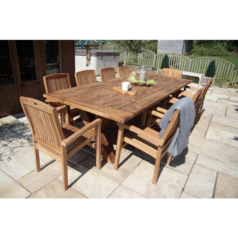3m Reclaimed Teak Outdoor Open Slatted Cross Leg Table with 10 Marley Armchairs