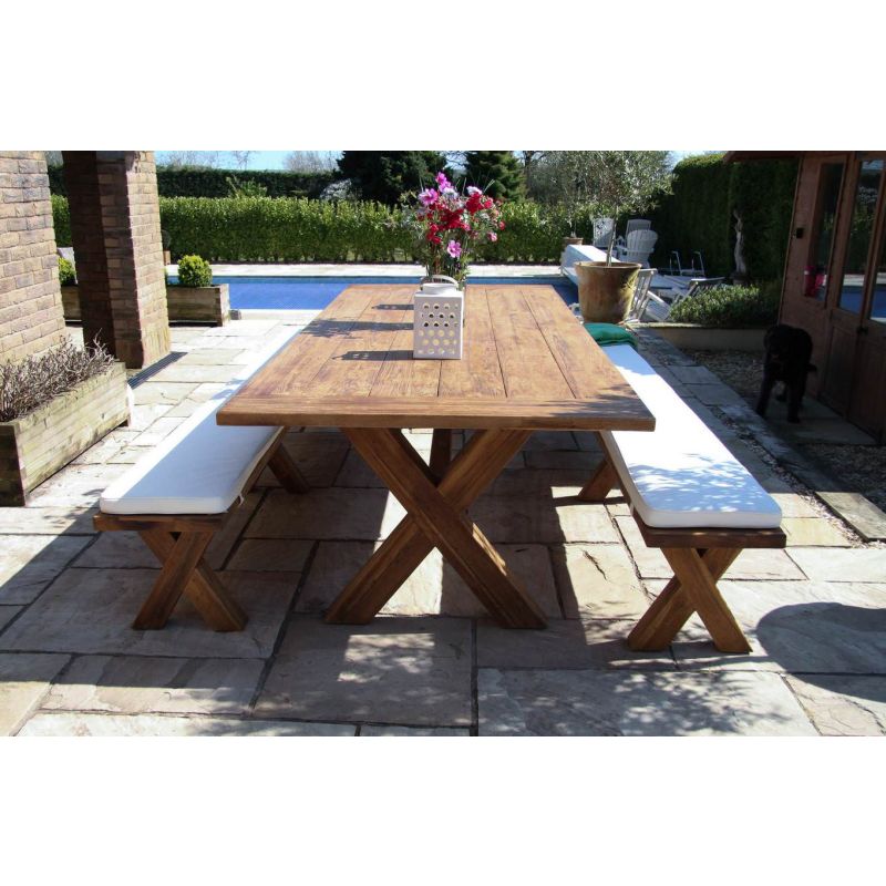 3m Reclaimed Teak Outdoor Open Slatted Cross Leg Table with 2 Backless Benches