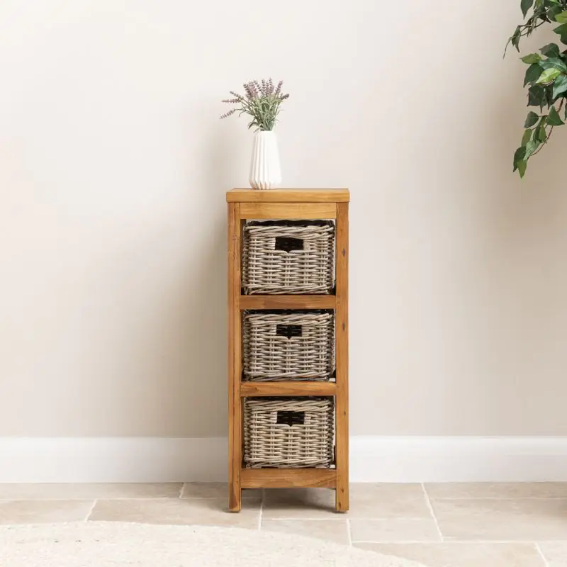 Reclaimed Teak Storage Unit with 3 Natural Wicker Baskets Reclaimed Teak Storage Unit with 3 Natural Wicker Baskets