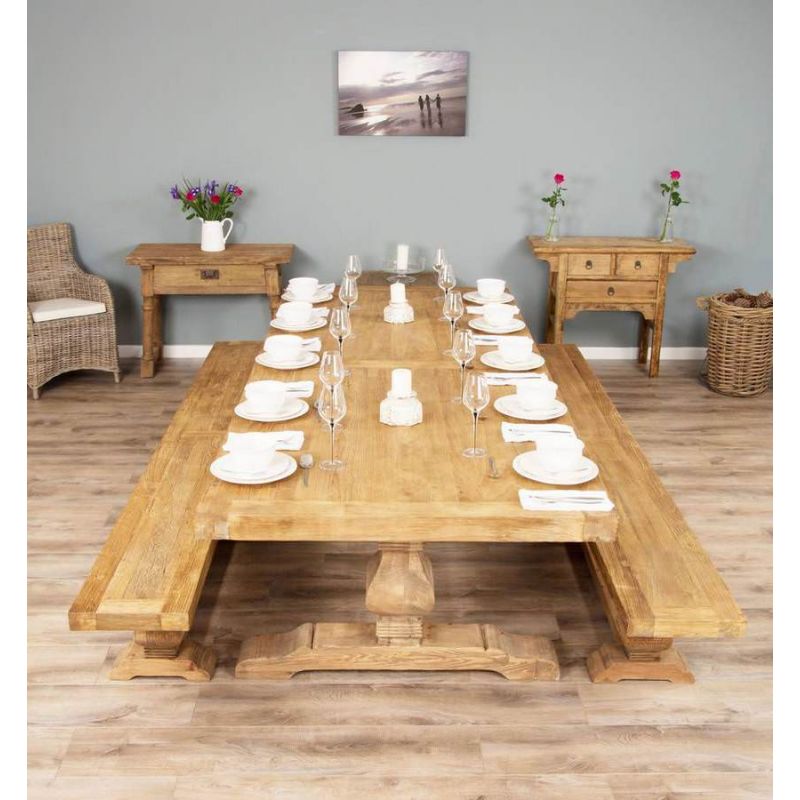 3m Reclaimed Elm Pedestal Dining Table with 2 Benches 