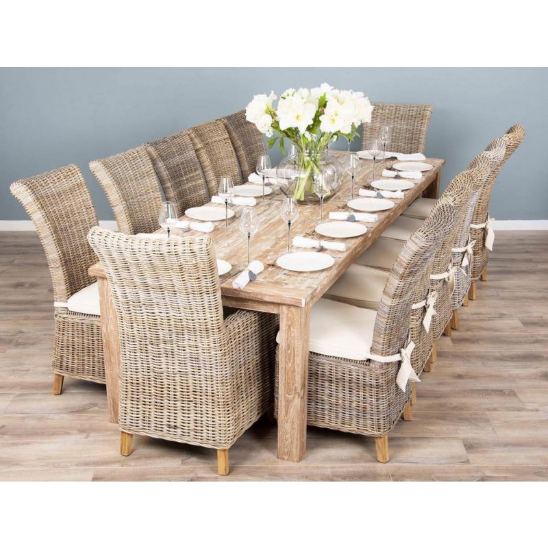 3m Reclaimed Teak Mexico Dining Table with 10 Latifa Chairs & 2 Armchairs 