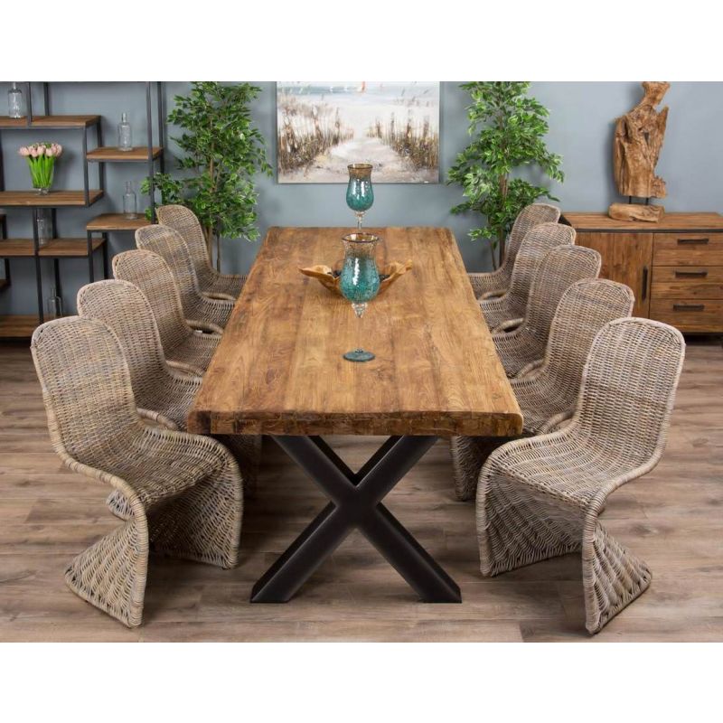 3m Reclaimed Teak Urban Fusion Cross Dining Table with 10 Zorro Dining Chairs