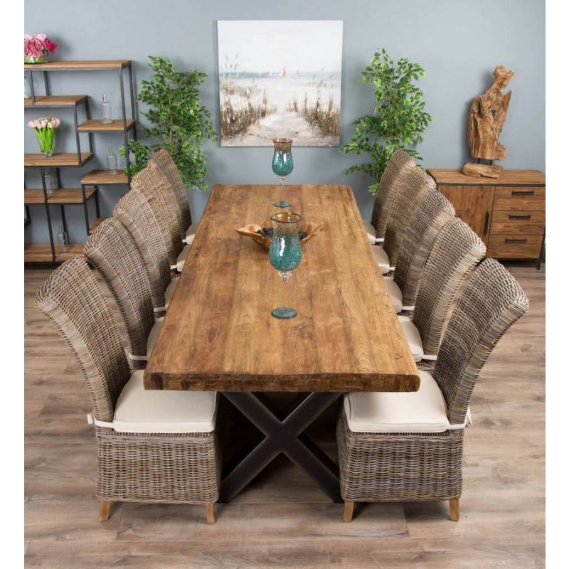 3m Reclaimed Teak Urban Fusion Cross Dining Table with 10 Latifa Dining Chairs 