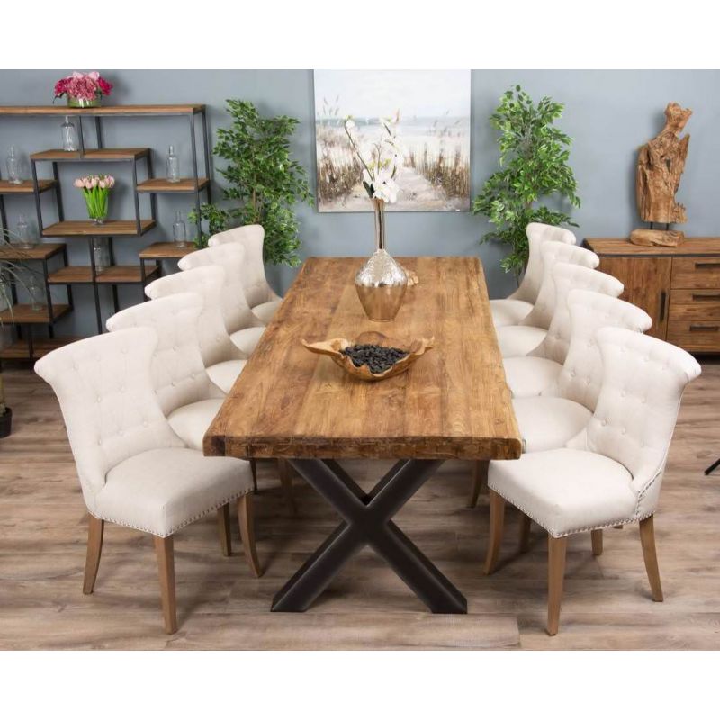 3m Reclaimed Teak Urban Fusion Cross Dining Table with 10 Windsor Ring Back Dining Chairs 