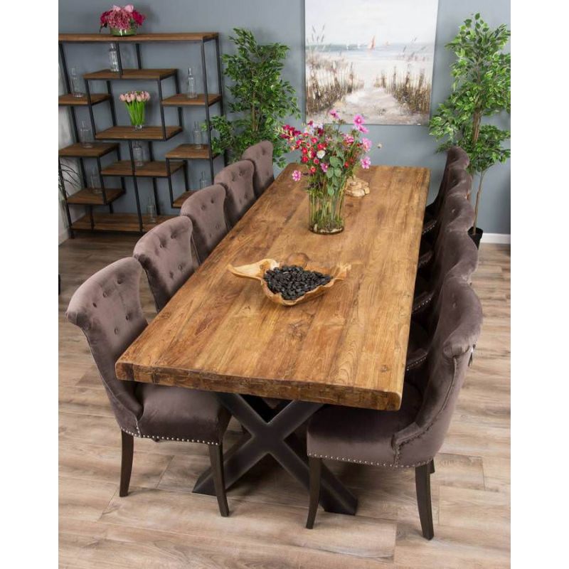 3m Reclaimed Teak Urban Fusion Cross Dining Table with 10 Velveteen Ring Back Dining Chairs 