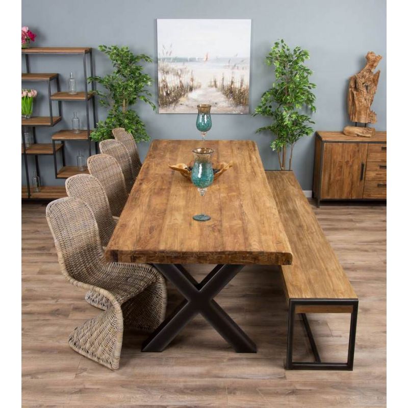 3m Reclaimed Teak Urban Fusion Cross Dining Table with 1 Backless Bench and 5 Zorro Chairs