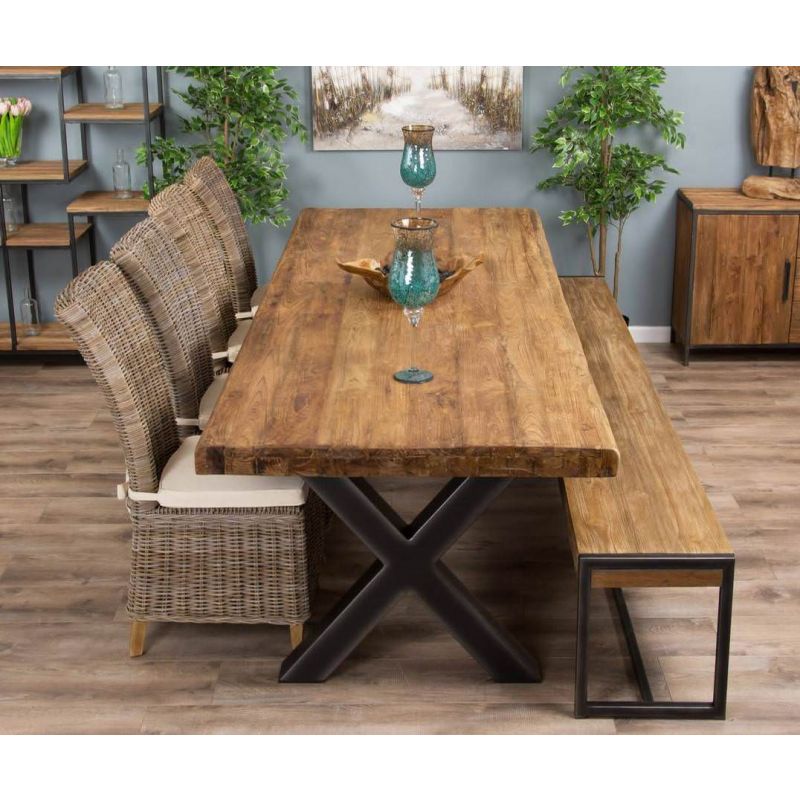 3m Reclaimed Teak Urban Fusion Cross Dining Table with 1 Backless Bench and 4 Latifa Dining Chairs 