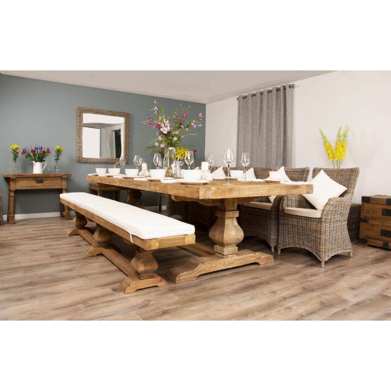 3m Reclaimed Elm Pedestal Dining Table with 5 Donna Armchairs and 1 Bench