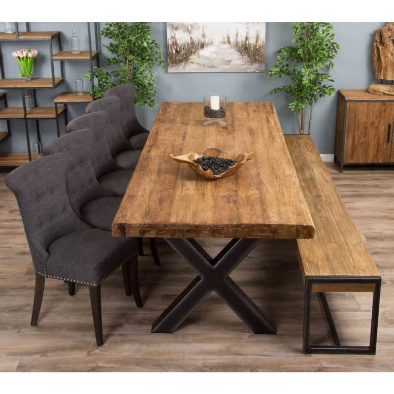 3m Reclaimed Teak Urban Fusion Cross Dining Table with 1 Backless Bench and 5 Windsor Ring Back Dining Chairs