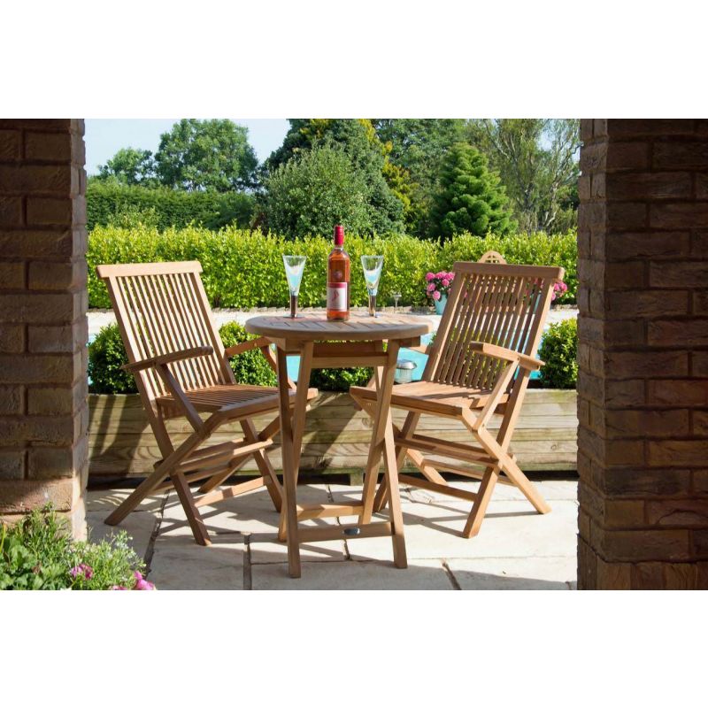 60cm Teak Circular Folding Table with 2 Classic Folding Chairs