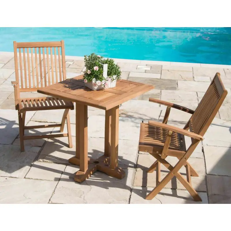 70cm Teak Square Pedestal Table with 2 Kiffa Folding Chairs 