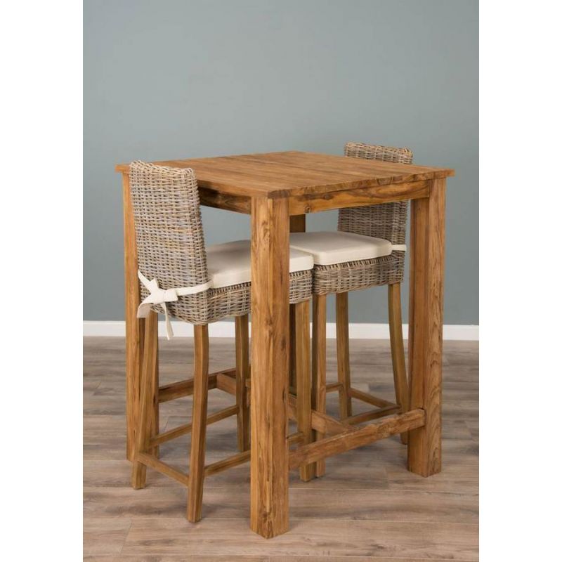 90cm Reclaimed Teak Square Bar Table with 2 Kubu Wicker Bar Stools