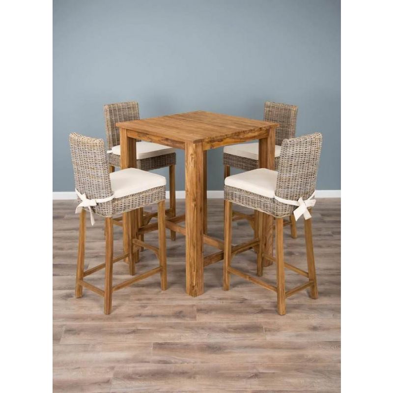 90cm Reclaimed Teak Square Bar Table with 4 Kubu Wicker Bar Stools