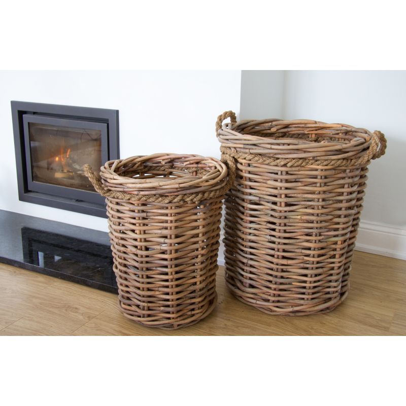 Pair of Natural Wicker Circular Log Baskets with Rope Handles