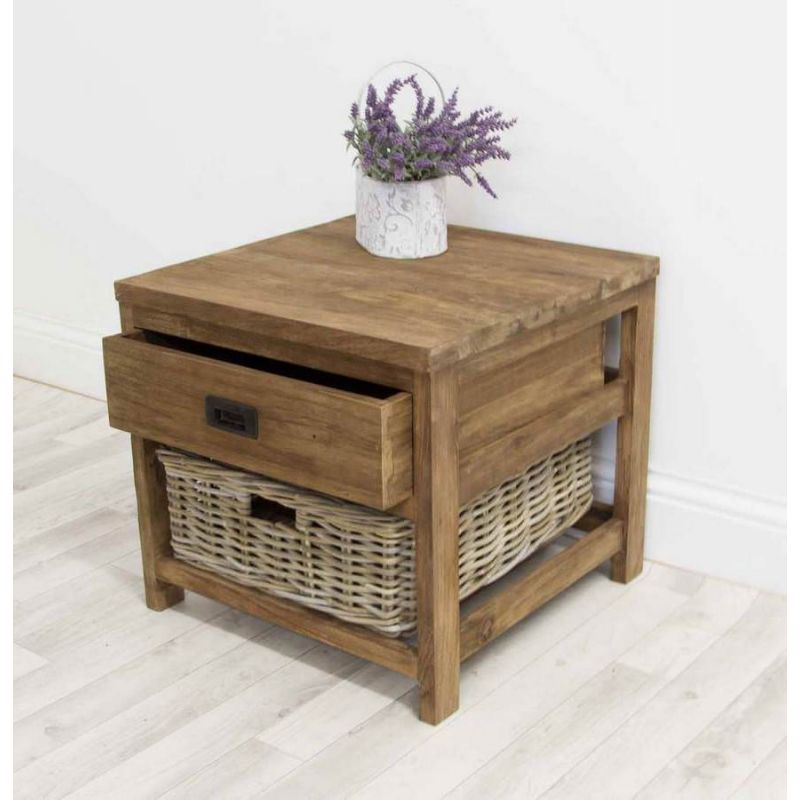 Reclaimed Teak Storage Unit with 1 Drawer and 1 Wicker Basket - Square