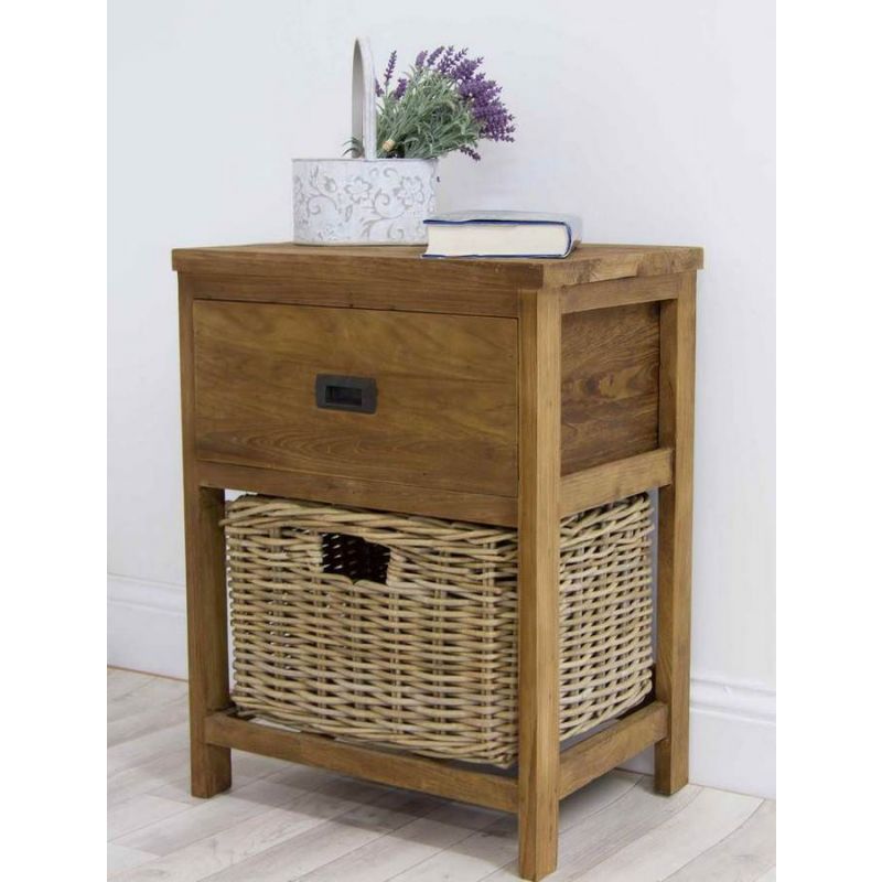 Reclaimed Teak Storage Unit with 1 Drawer and 1 Wicker Basket - Rectangular