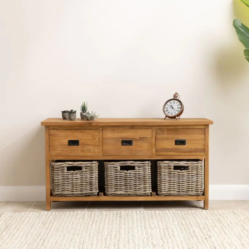 Large teak storage unit with drawers and baskets