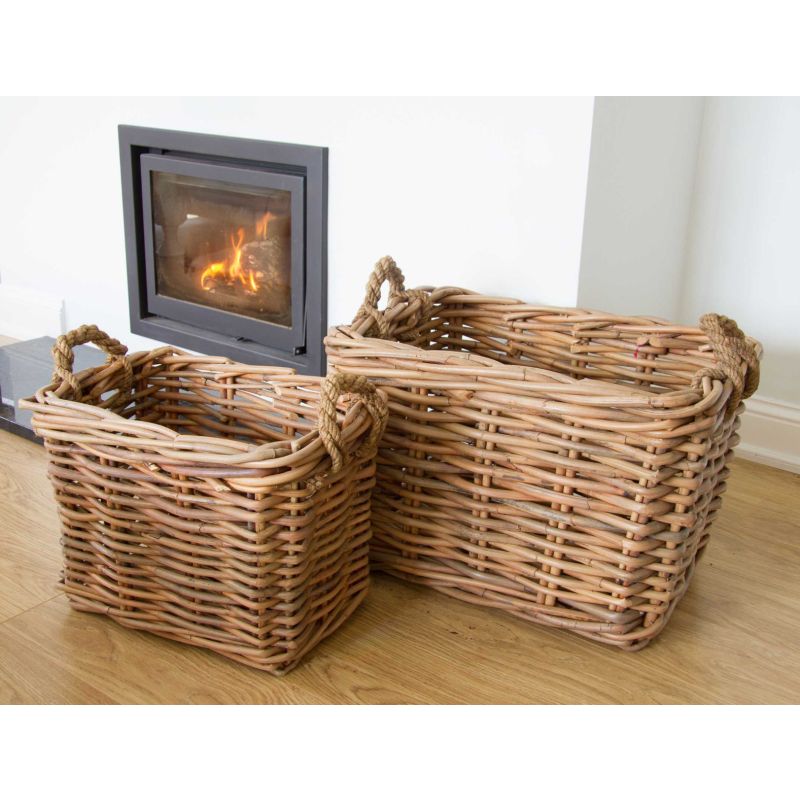 Pair of Natural Wicker Rectangular Log Baskets with Rope Handles